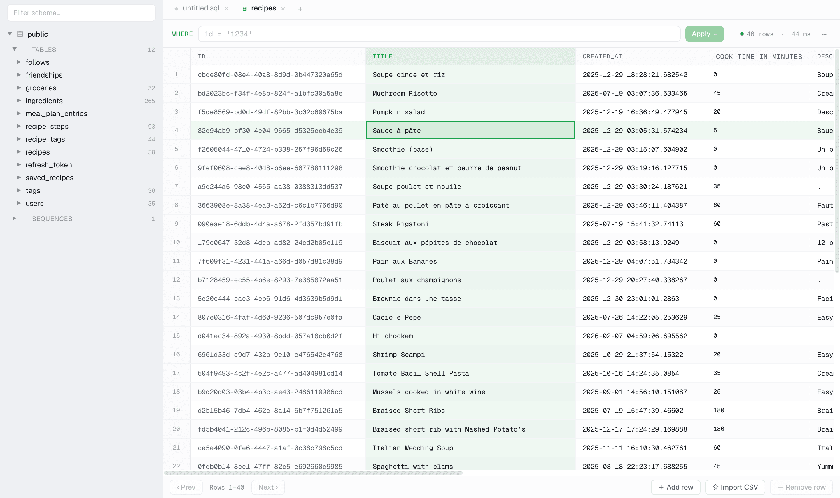 CubbyDB browsing the recipes table: schema tree on the left, a WHERE filter bar above an editable results grid.